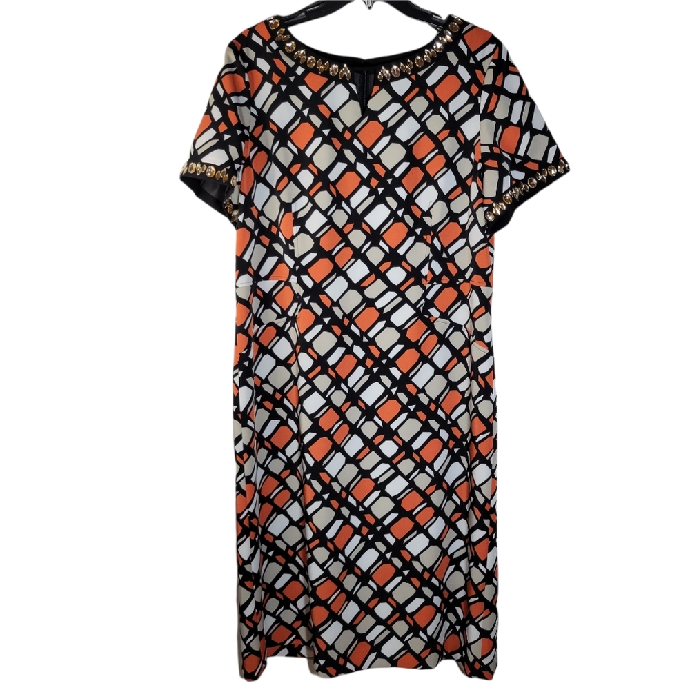 Giovanna Signature orange white black retro print dress with gems NWT Size 16